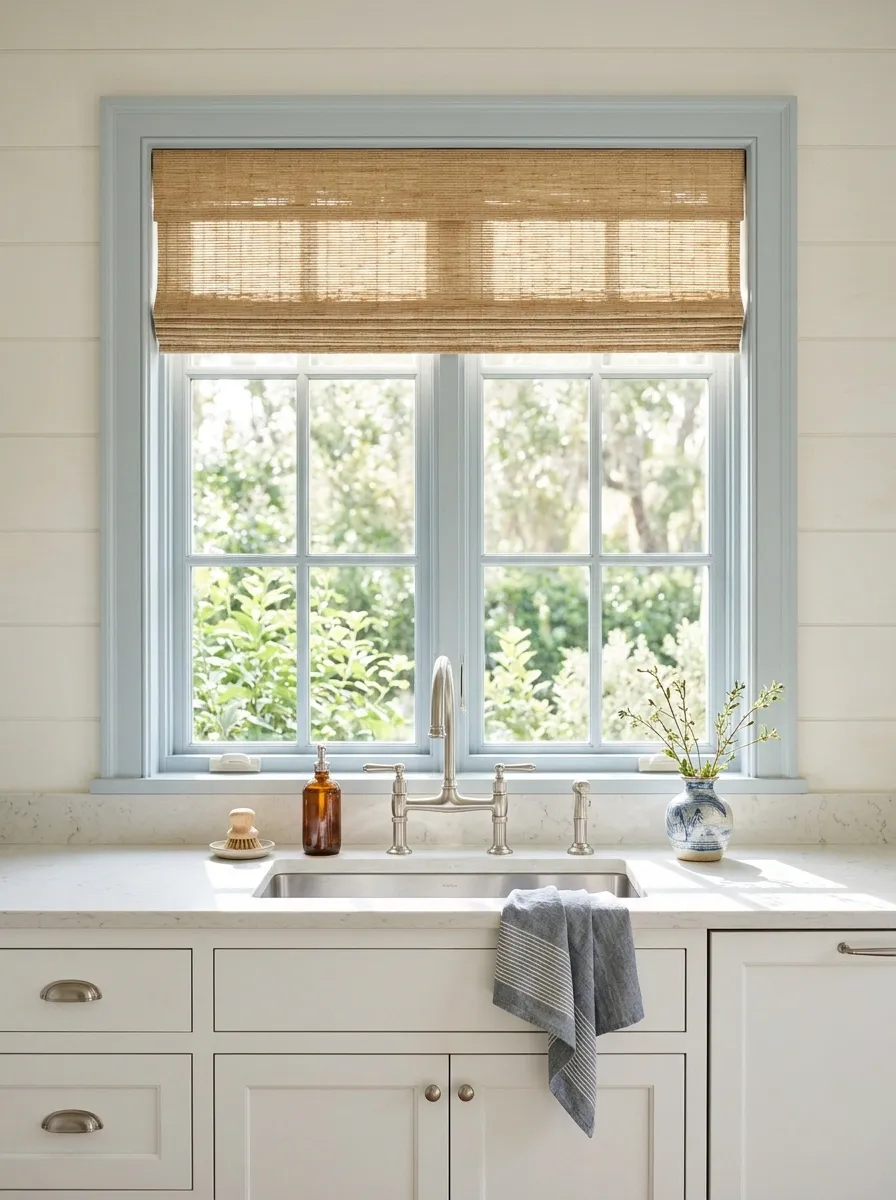 Light Coastal Kitchen With a Pale Blue Window Frame