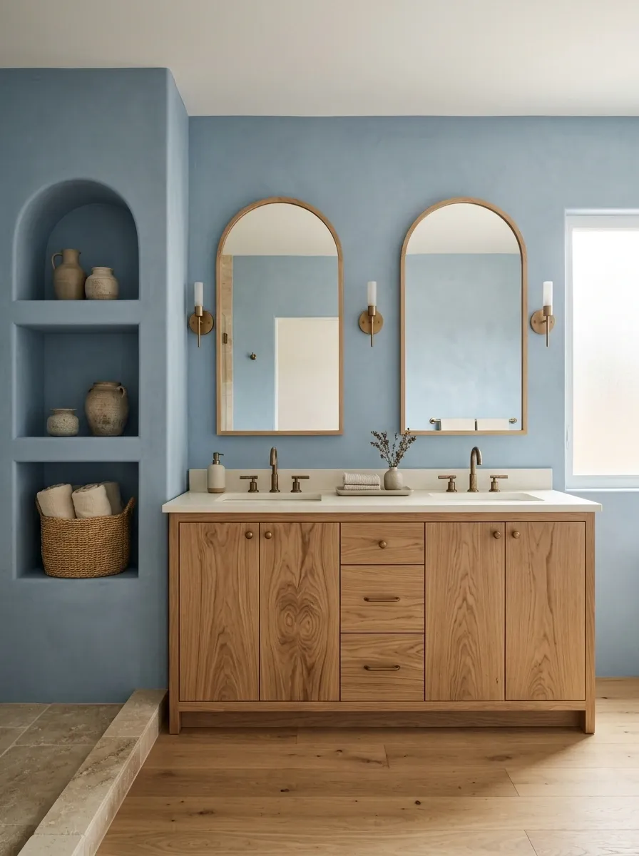 Light Desert-Coastal Bathroom With Faded Blue and Natural Oak