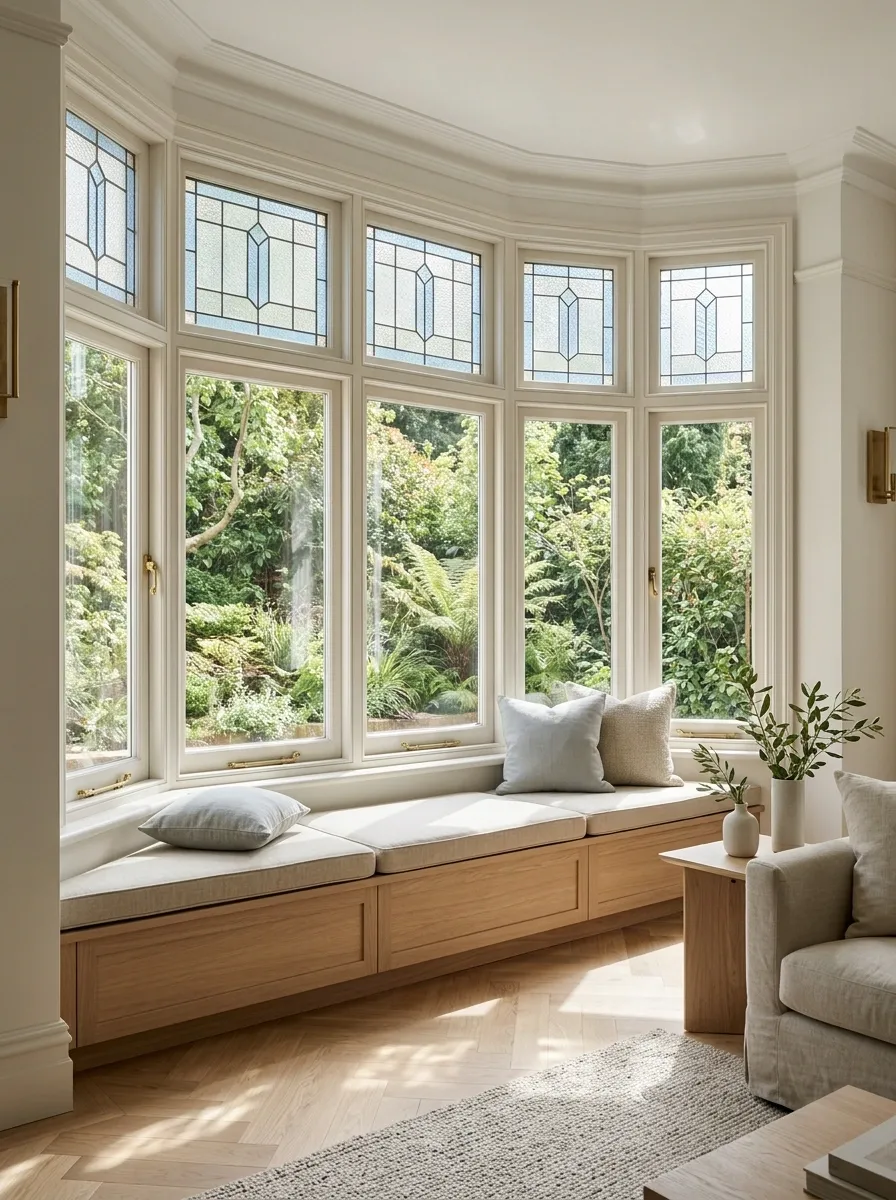 Light-Filled Bay Window With Pale Blue Upper Glass
