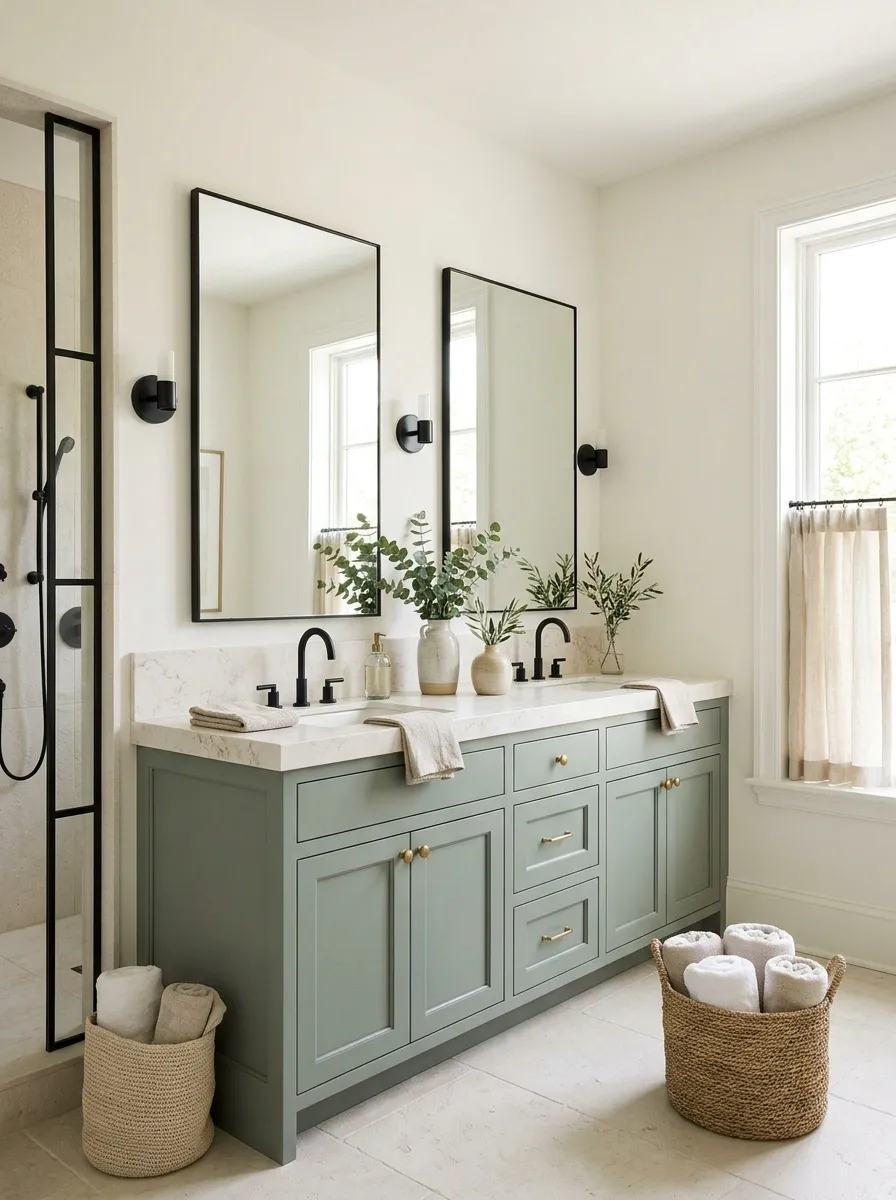 Light-Filled Green Bathroom With Slim Black Accents