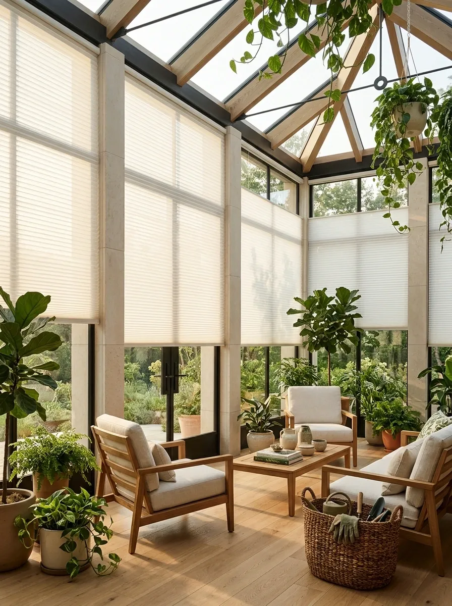 Light-Filtering Cellular Shades in a Plant-Filled Conservatory