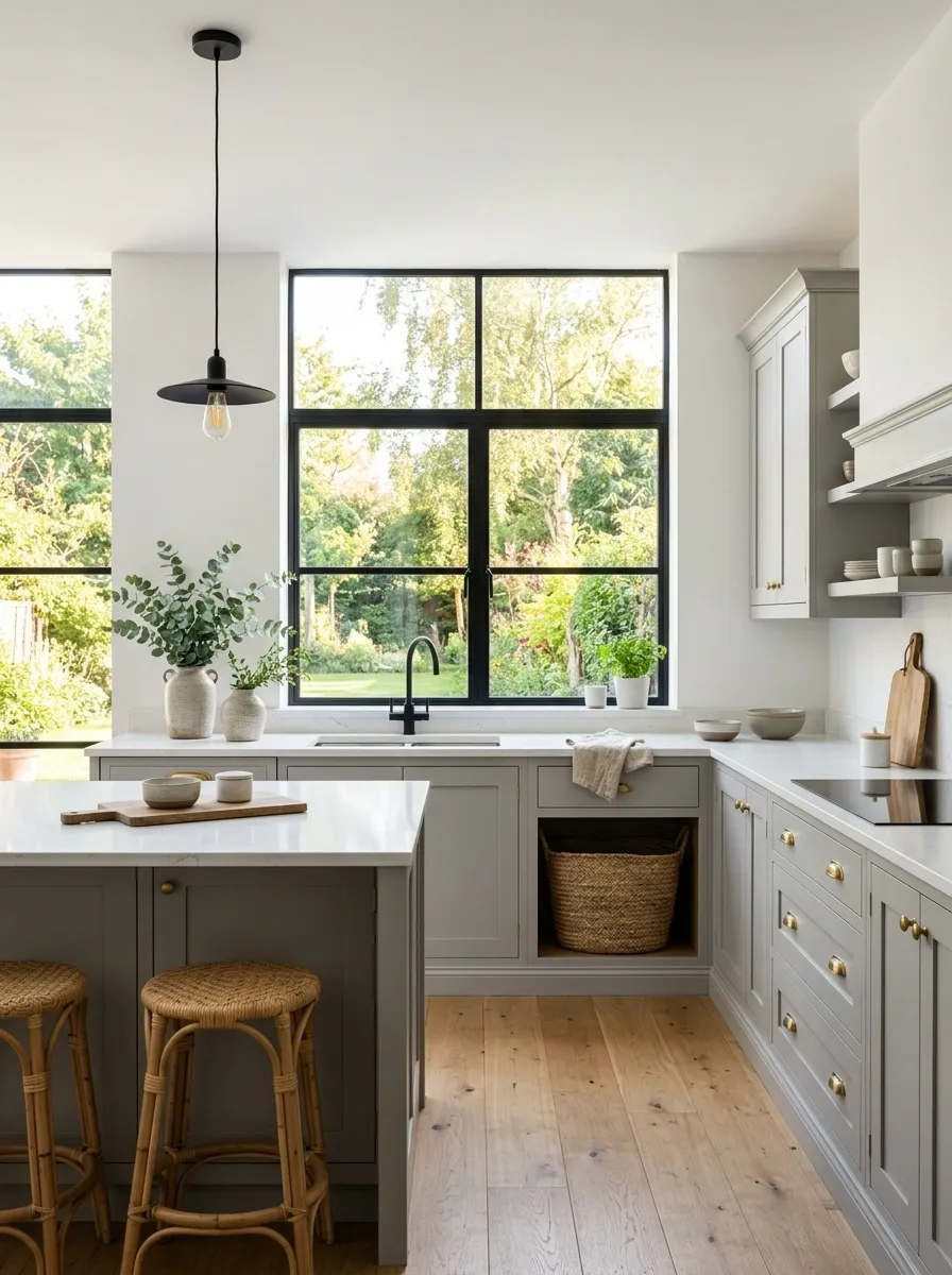 Light Gray Cabinets With a Black Window Frame