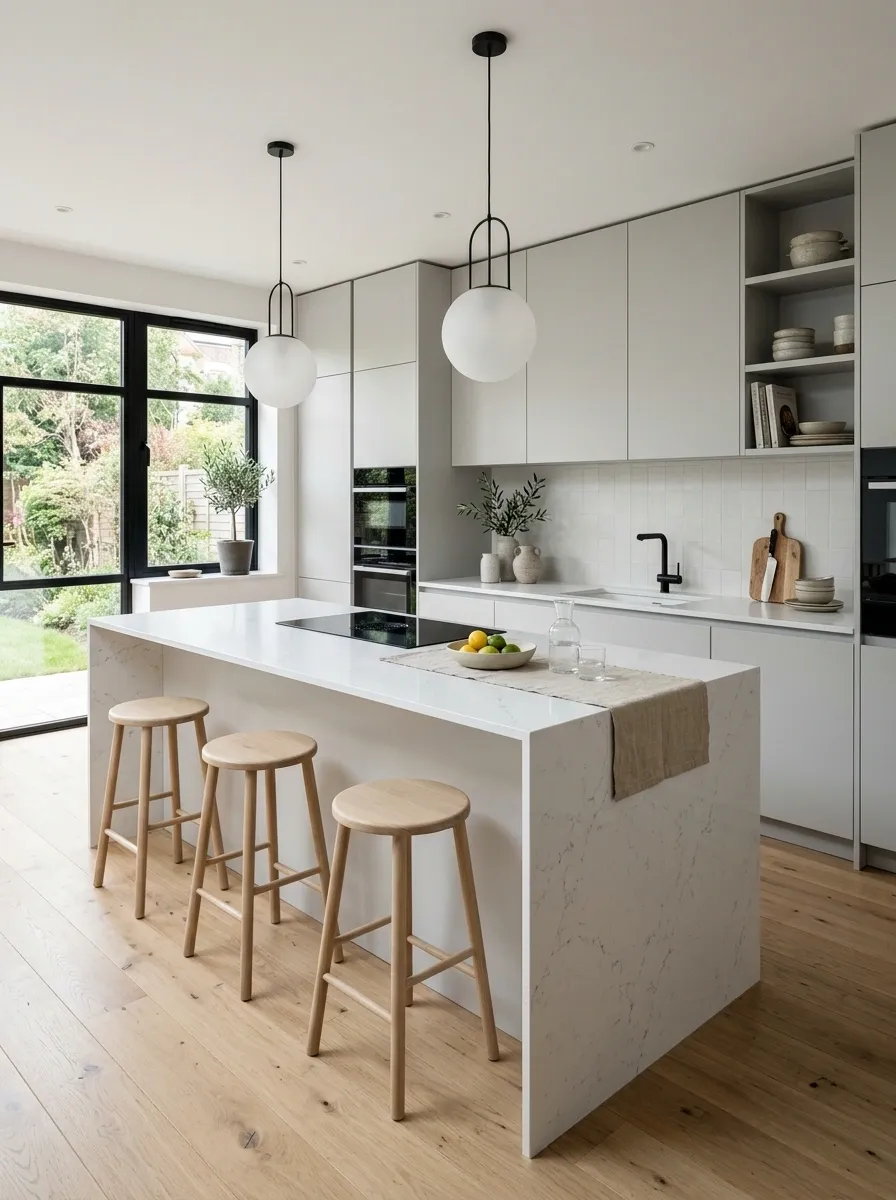 Light Gray Flat Panels With a White Waterfall Island
