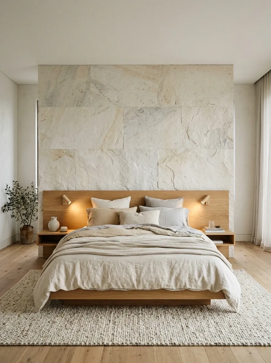 Limestone Feature Wall Bedroom With a Light Oak Bed