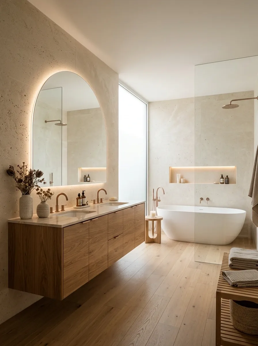 Limestone Spa Bathroom With a Floating Oak Vanity