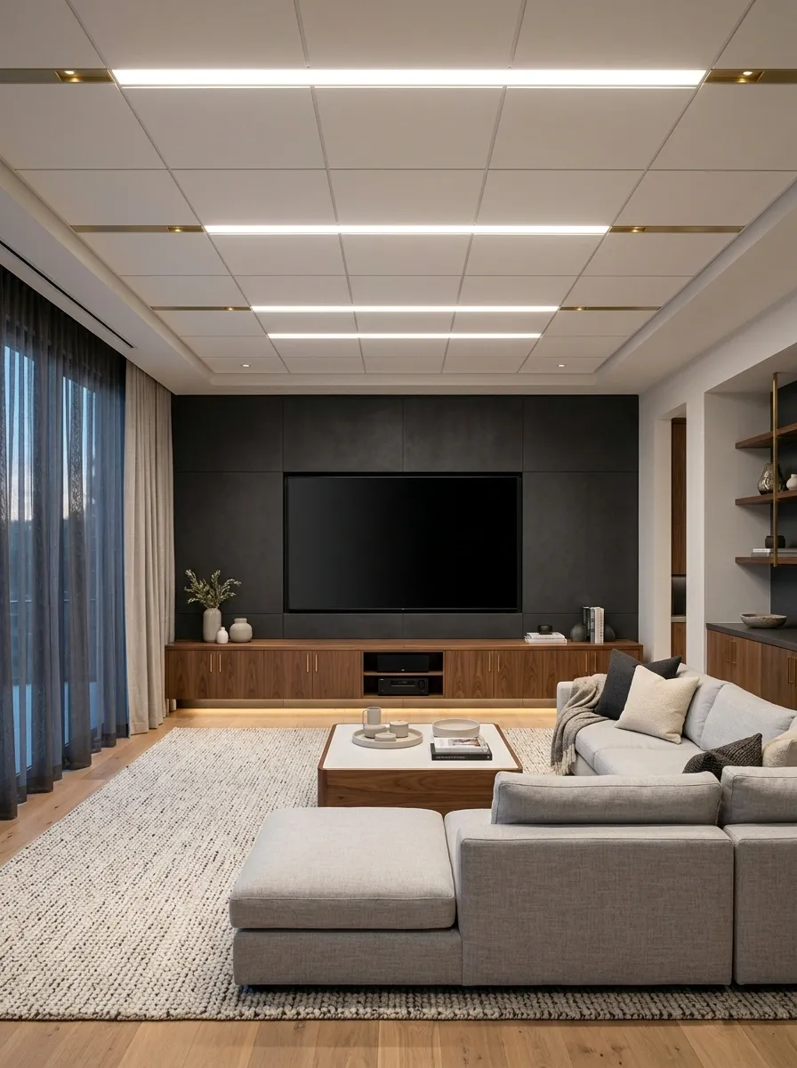 Linear Ceiling Lighting in a Modern Entertainment Room