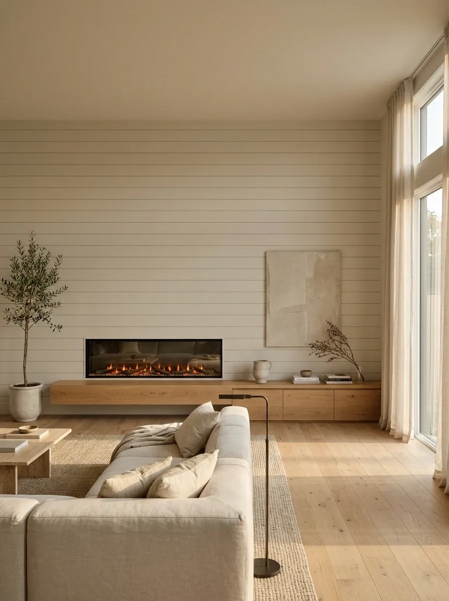 Linear Electric Fireplace With Horizontal Shiplap