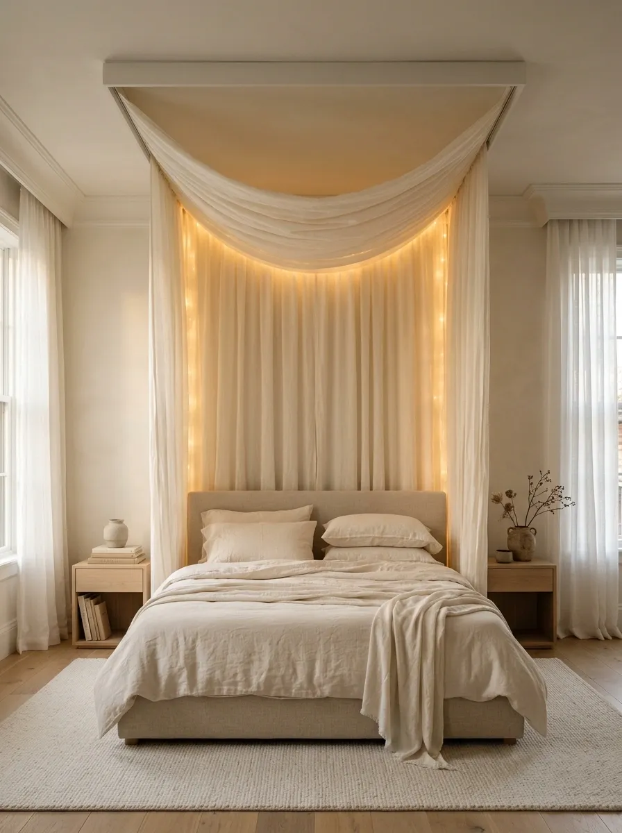 Linen Canopy Bedroom With Warm Fairy Lights