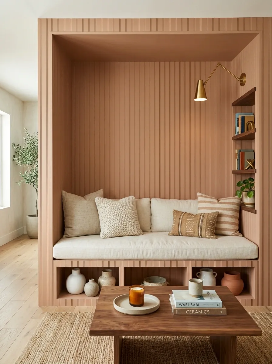 Living Room Alcove With Clay Beadboard and Built-In Seating
