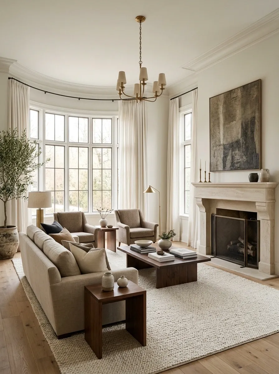 Living Room Bay Window Balanced With an Adjacent Fireplace