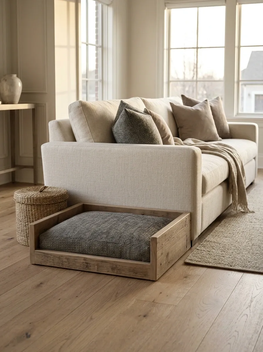 Living Room Pet Nook With a Pallet-Wood Bed Frame