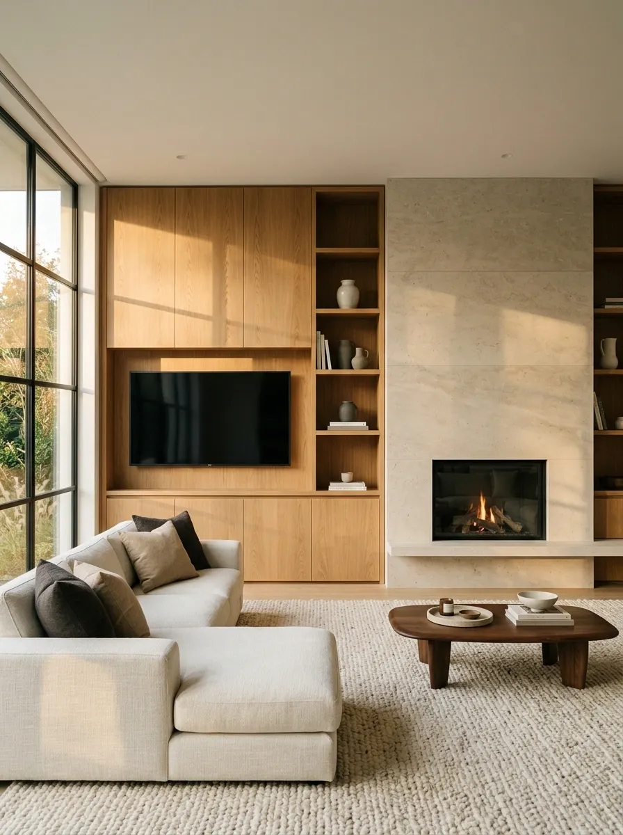 Living Room With a Custom Media Niche Beside the Fireplace