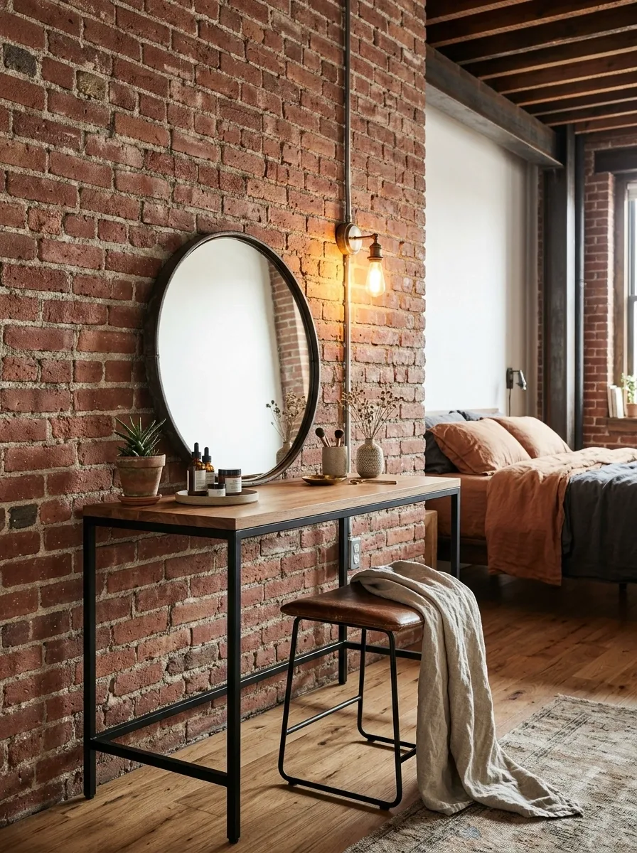 Loft Vanity With Exposed Brick and Industrial Metal