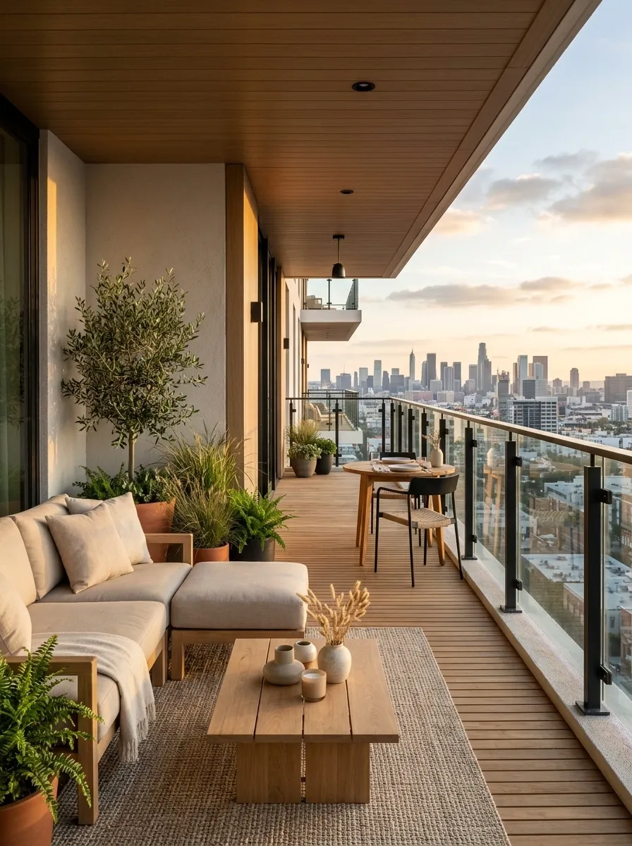 Long Balcony With a Sofa and Dining Zone at Opposite Ends