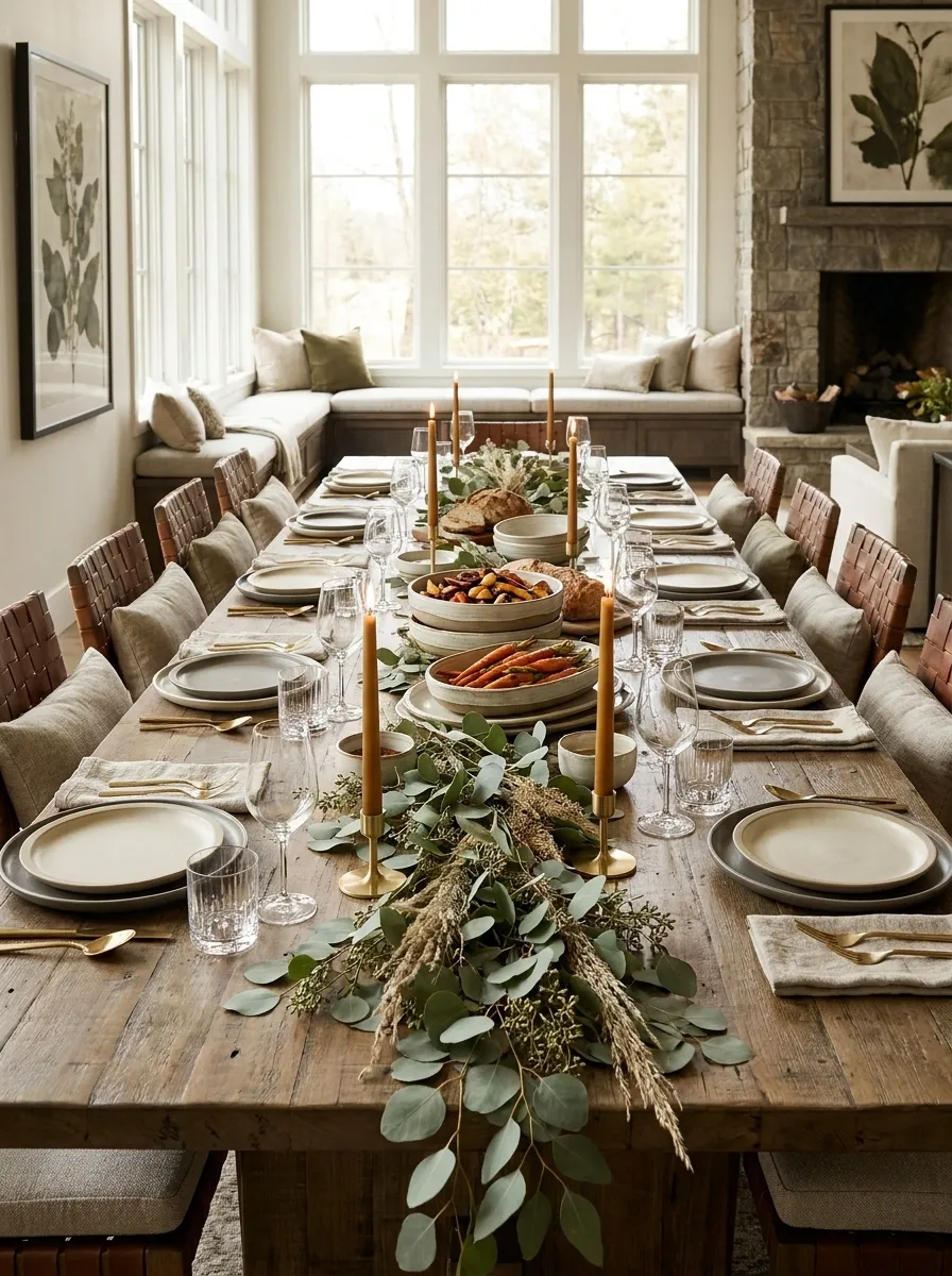 Long Family-Style Thanksgiving Table With Shared Serving Pieces