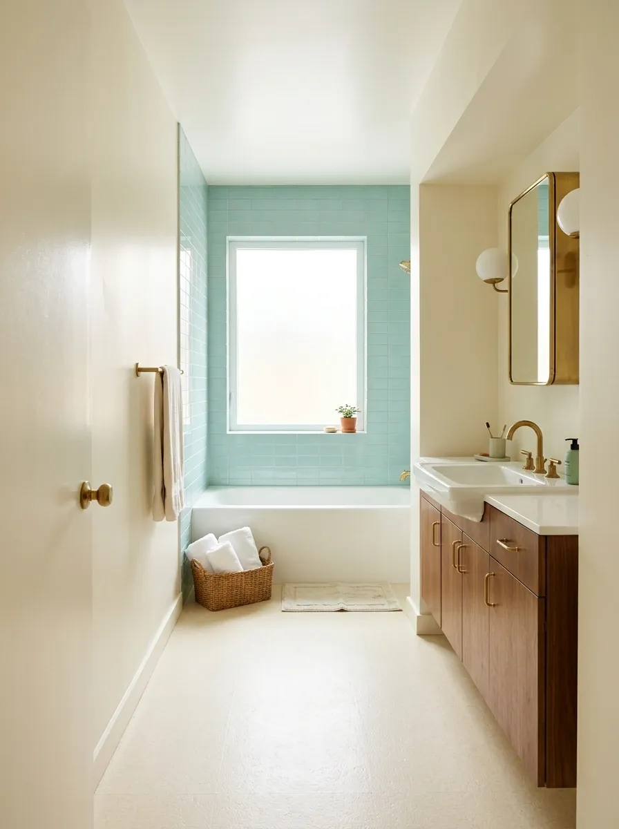Long Galley Bathroom With a Window-End Bath and a Recessed Vanity