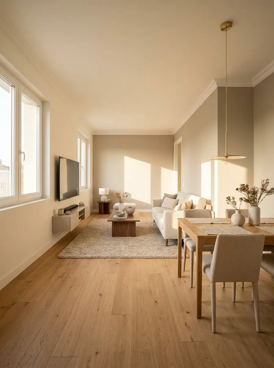 Long Living Room With a Dining Table at One End