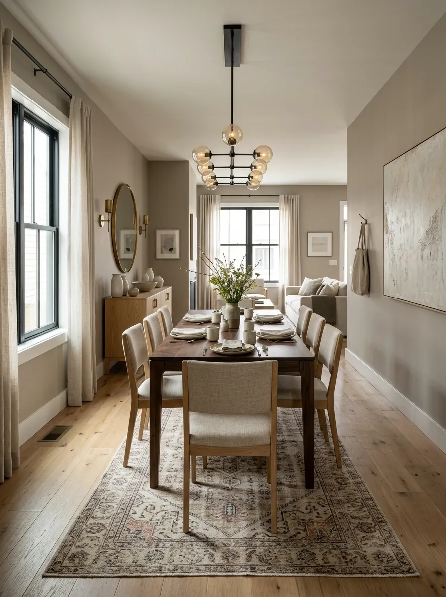 Long Narrow Dining Room With an Elongated Vintage Rug