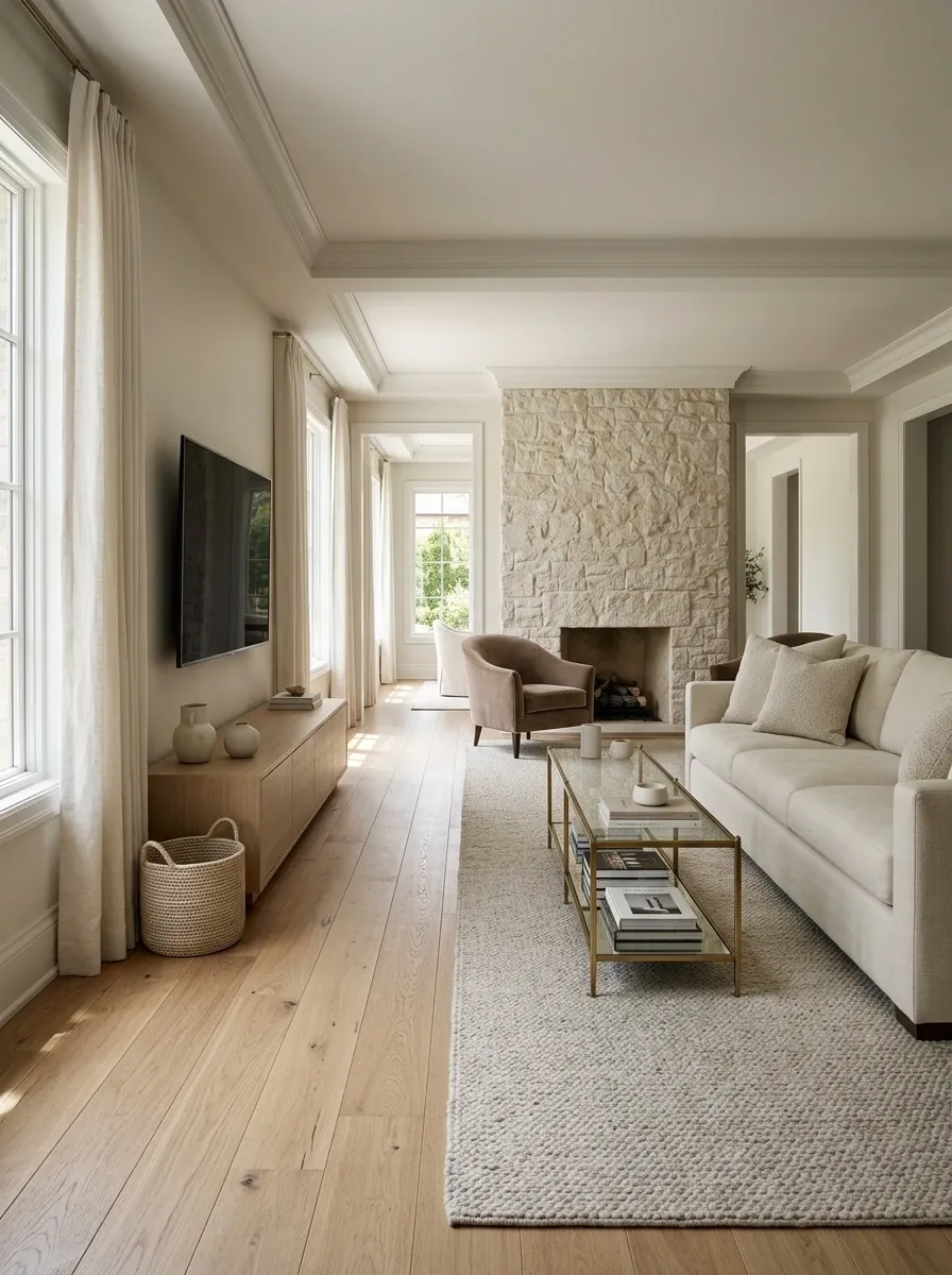 Long, Narrow Living Room With a Fireplace at One End