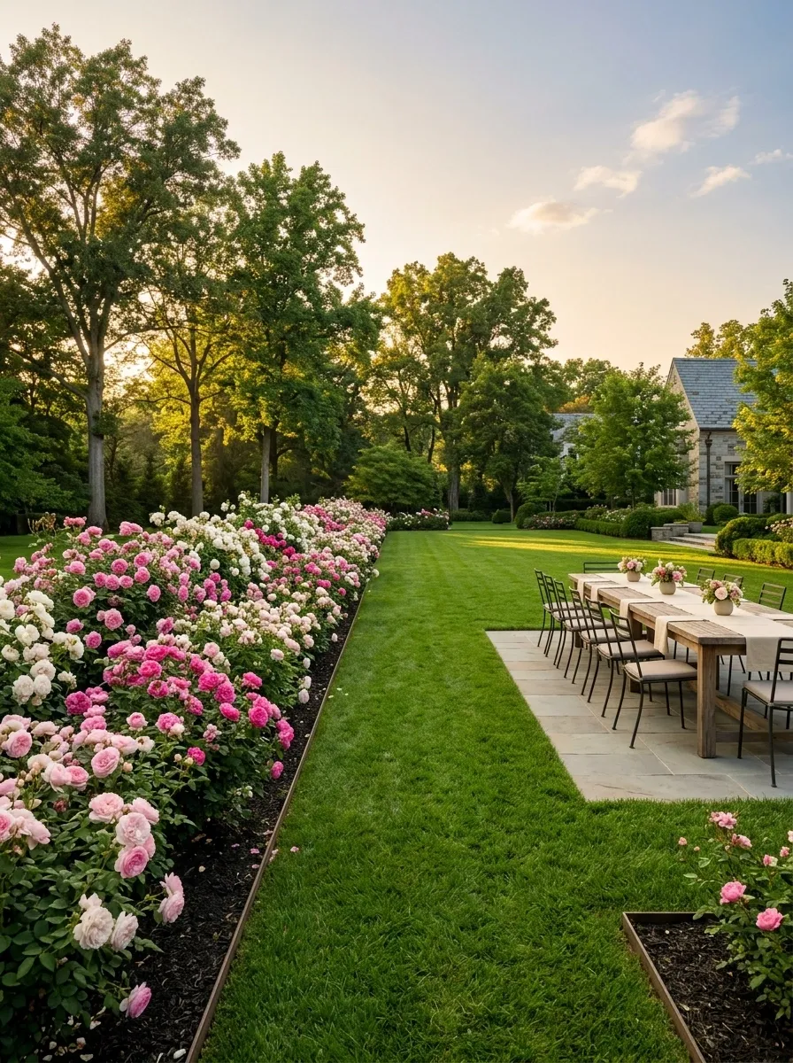 Long Rose Border Framing an Outdoor Dining Lawn