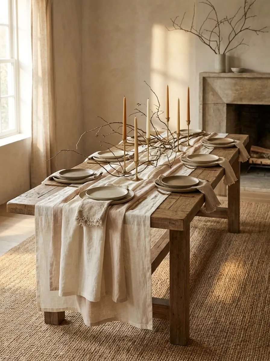 Long Rustic Table With Layered Runner and Natural Branches