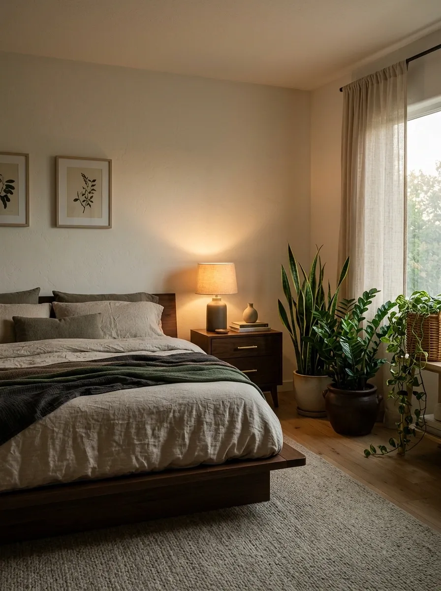 Low-Light Bedroom With Shade-Tolerant Plants and Warm Lighting