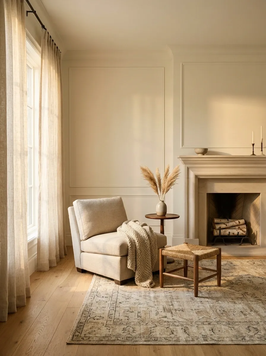 Low Linen Chair Beside a Fireplace