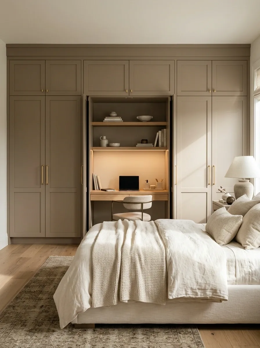 Luxe Bedroom With a Desk Hidden Inside Built-In Cabinetry