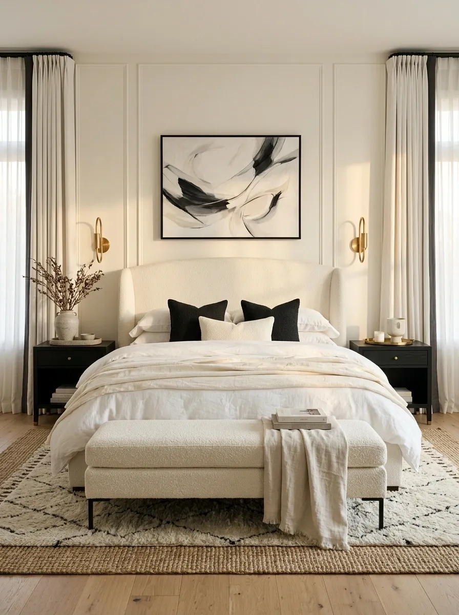 Luxe Hotel-Inspired Bedroom in Black, White, and Linen