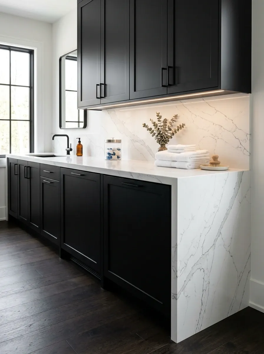 Luxe Laundry Room With Waterfall White Stone Countertops