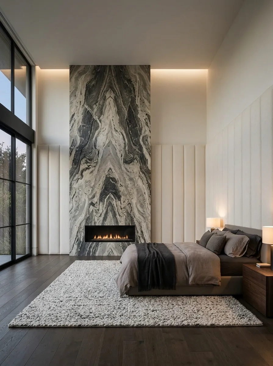 Luxury Bedroom With Dramatic Veined Stone Fireplace and Upholstered Walls
