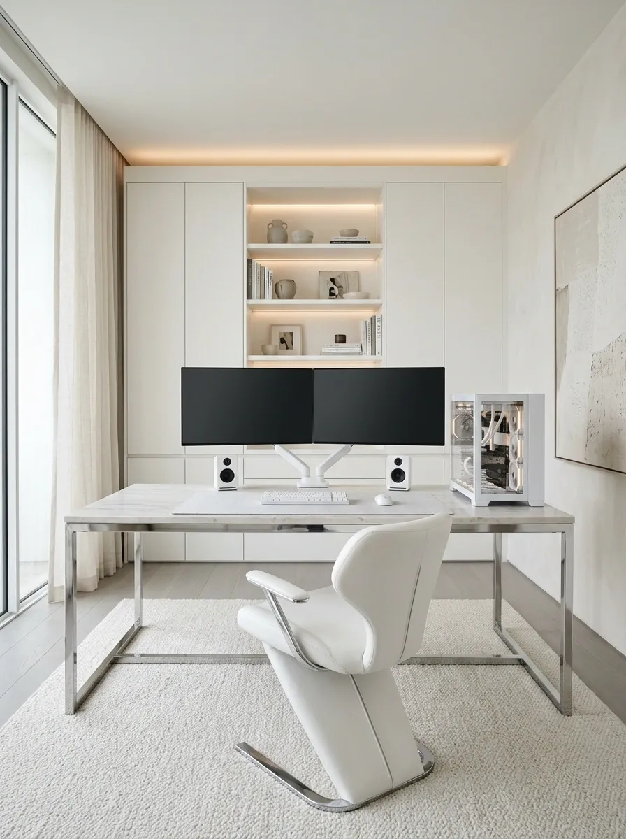Luxury White Gaming Setup With Marble and Chrome