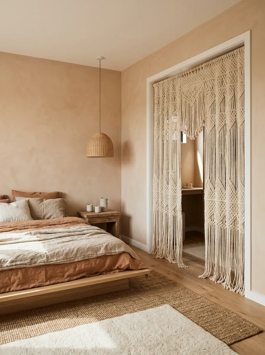 Macramé Curtain With Earthy Layered Textiles in a Relaxed Bedroom