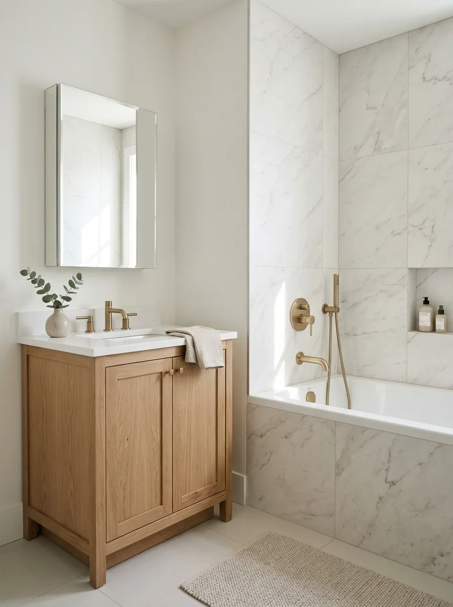 Marble-Look Porcelain With a Compact Oak Vanity