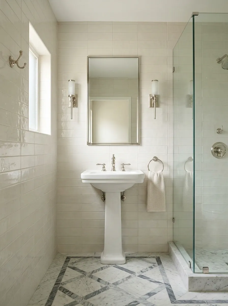 Marble Mosaic Bathroom With a Pedestal Basin and Recessed Storage