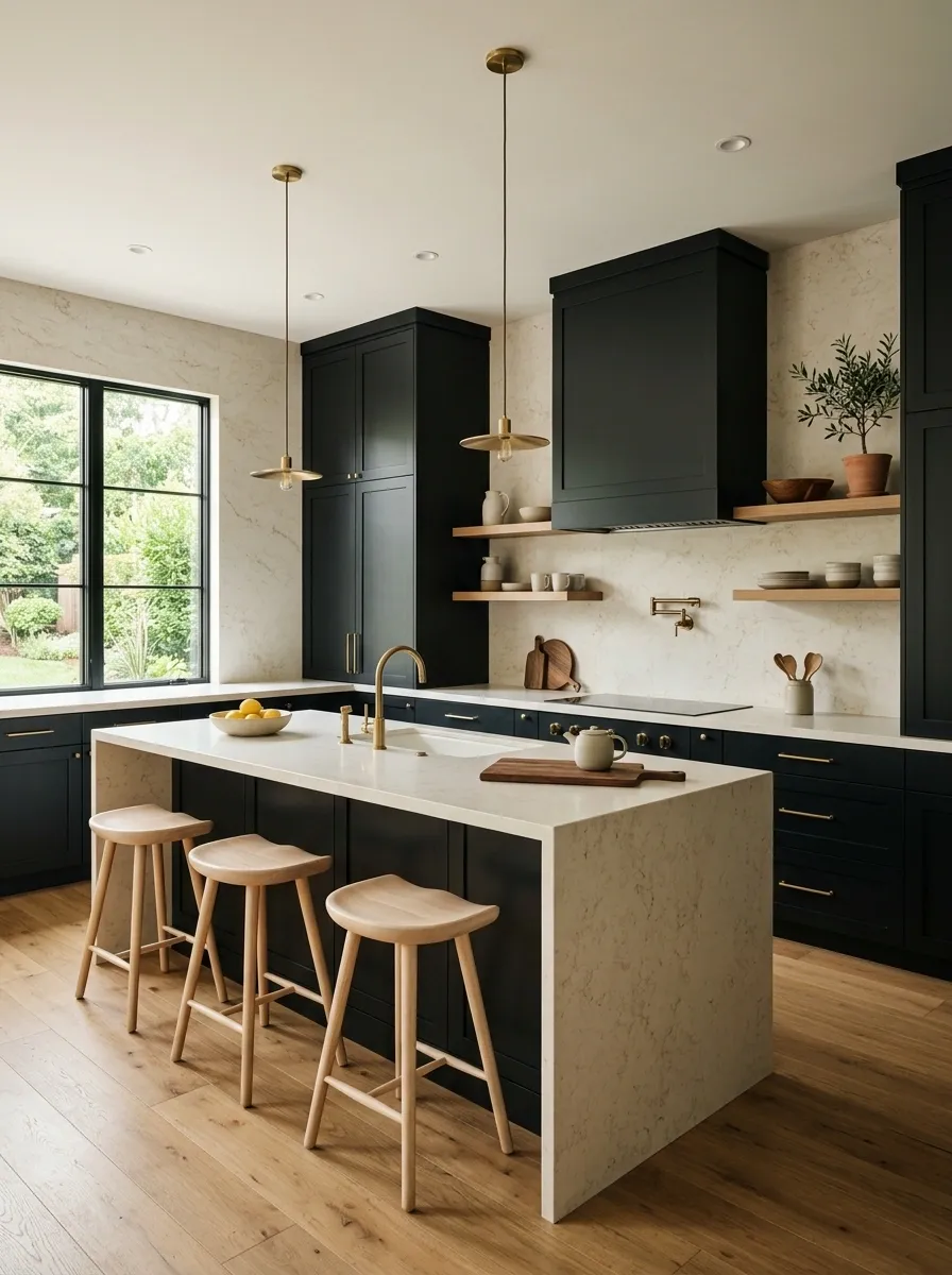 Matte Black Cabinet Kitchen With White Stone Walls