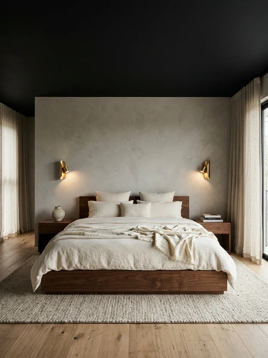 Matte Black Ceiling Above a Soft Neutral Bedroom