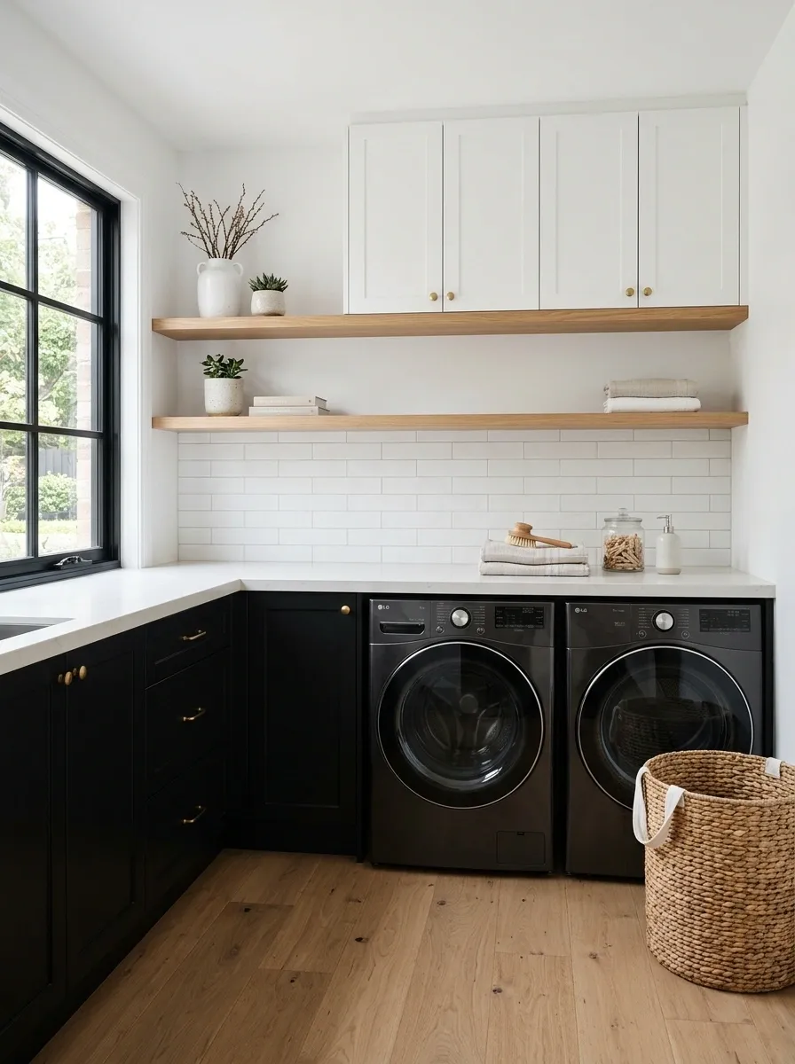 Matte Black Lower Cabinets With White Upper Storage