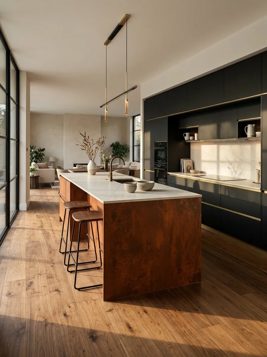 Matte Black Perimeter Cabinets With a Burnt Orange Island