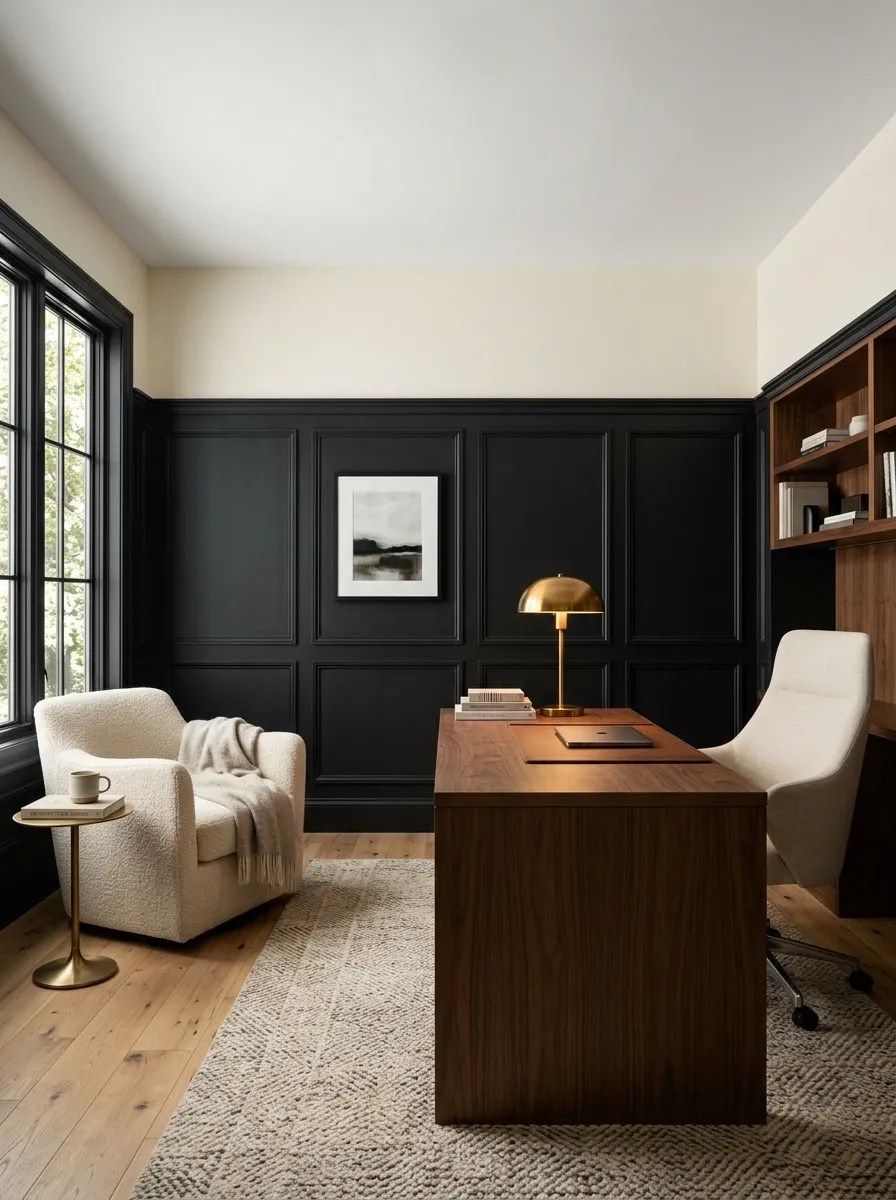 Matte Black Wainscoting in a Modern Study