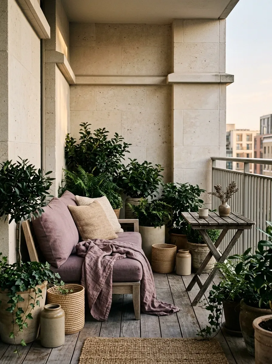 Mauve, Stone, and Dark Green Balcony