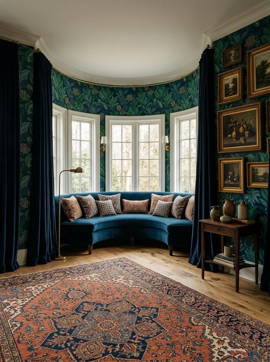 Maximalist Bay Window With Botanical Wallpaper and Rich Velvet