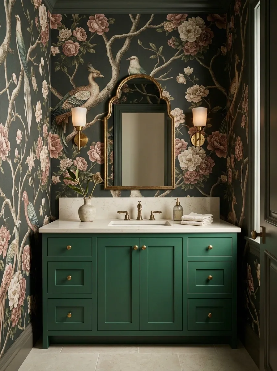 Maximalist Bird-and-Flower Wallpaper With an Emerald Vanity
