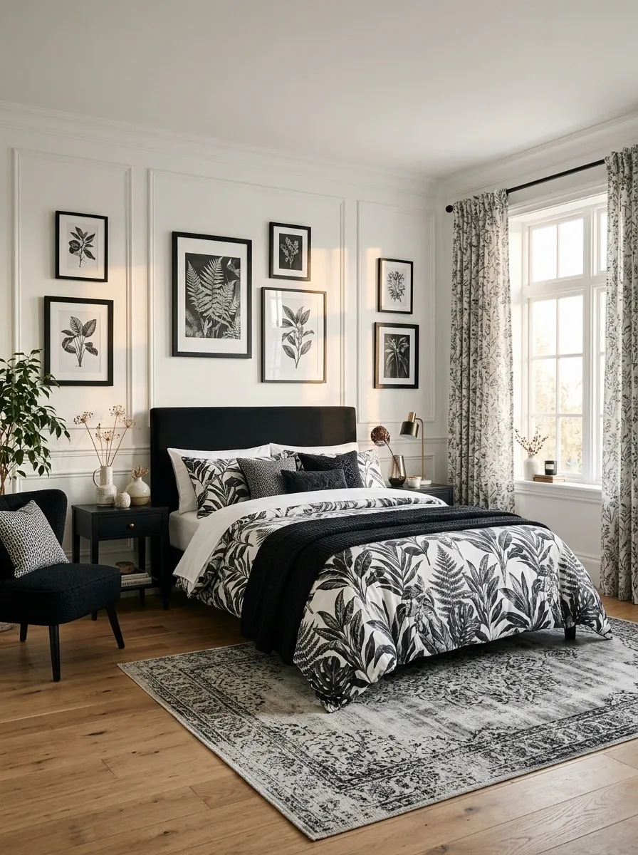Maximalist Black and White Bedroom With Layered Botanical Patterns
