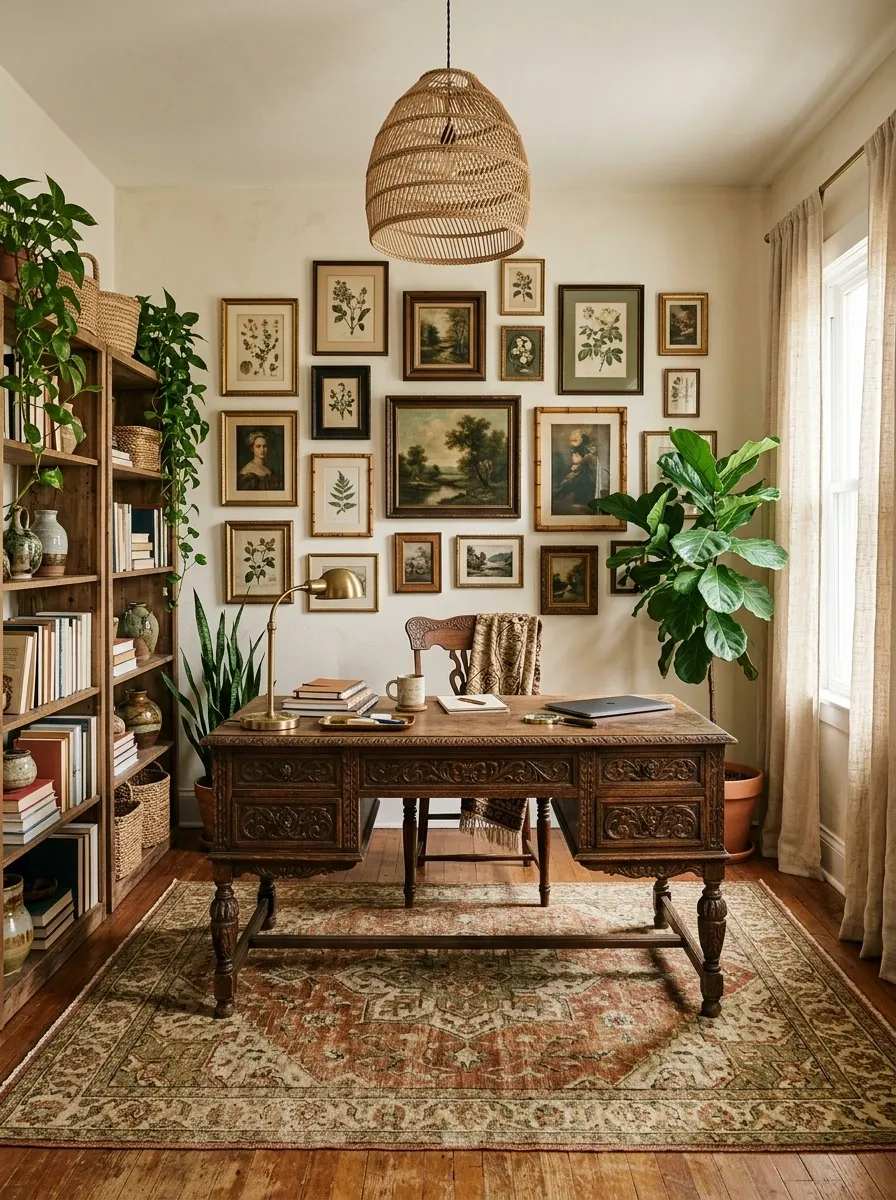 Maximalist Boho Office With Layered Art