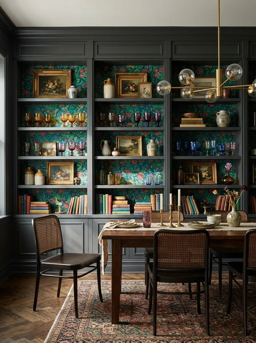 Maximalist Dining Built-In With Jewel-Toned Floral Wallpaper