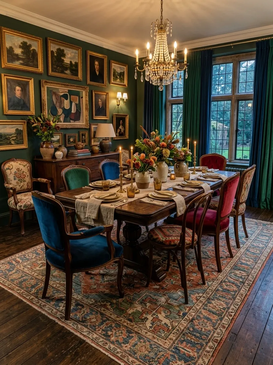 Maximalist Dining Room With a Layered Vintage Rug