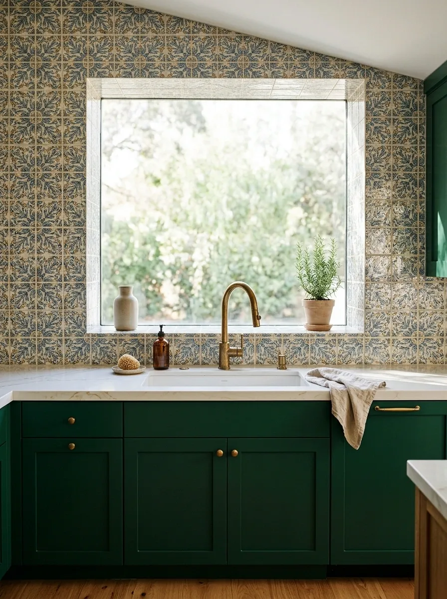 Maximalist Kitchen With Jewel-Toned Cabinets and Decorative Tile