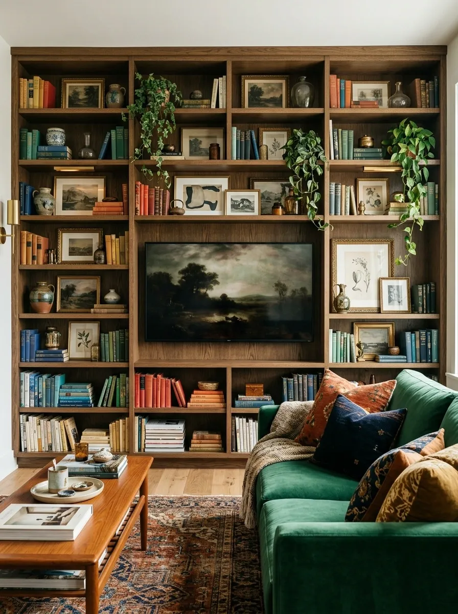 Maximalist TV Wall With Colorful Books and Collected Art
