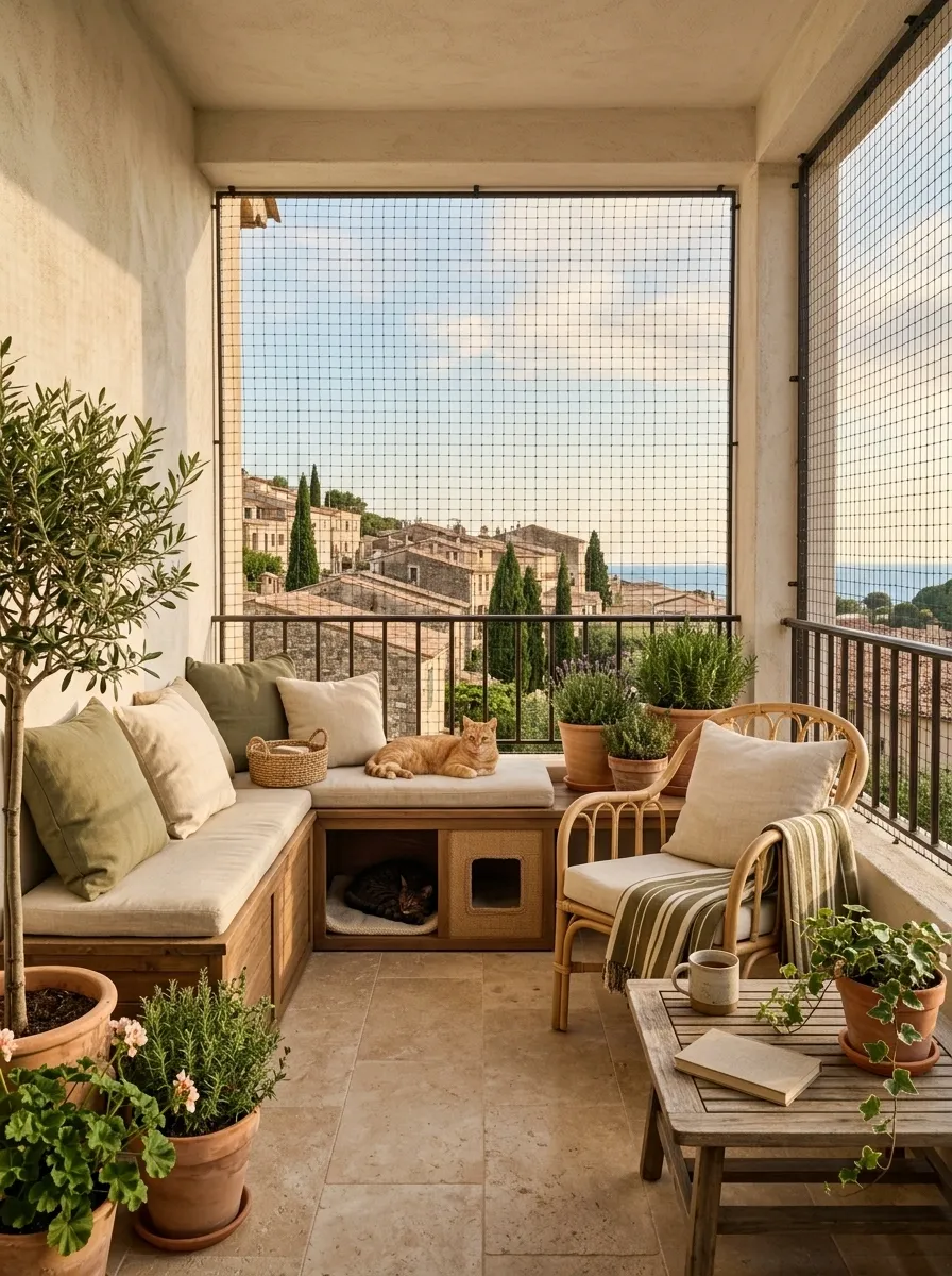 Mediterranean Balcony With Terracotta, Limewash, and a Cat Retreat